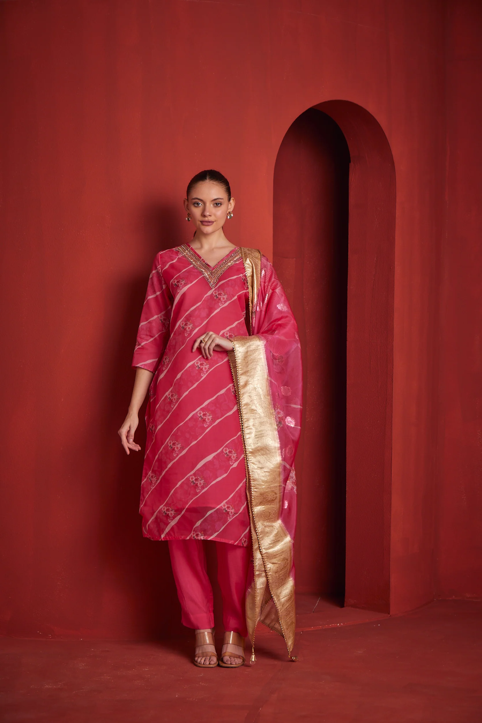 Neerus Womens Red Color Chanderi Fabric Kurta Set - Image 3