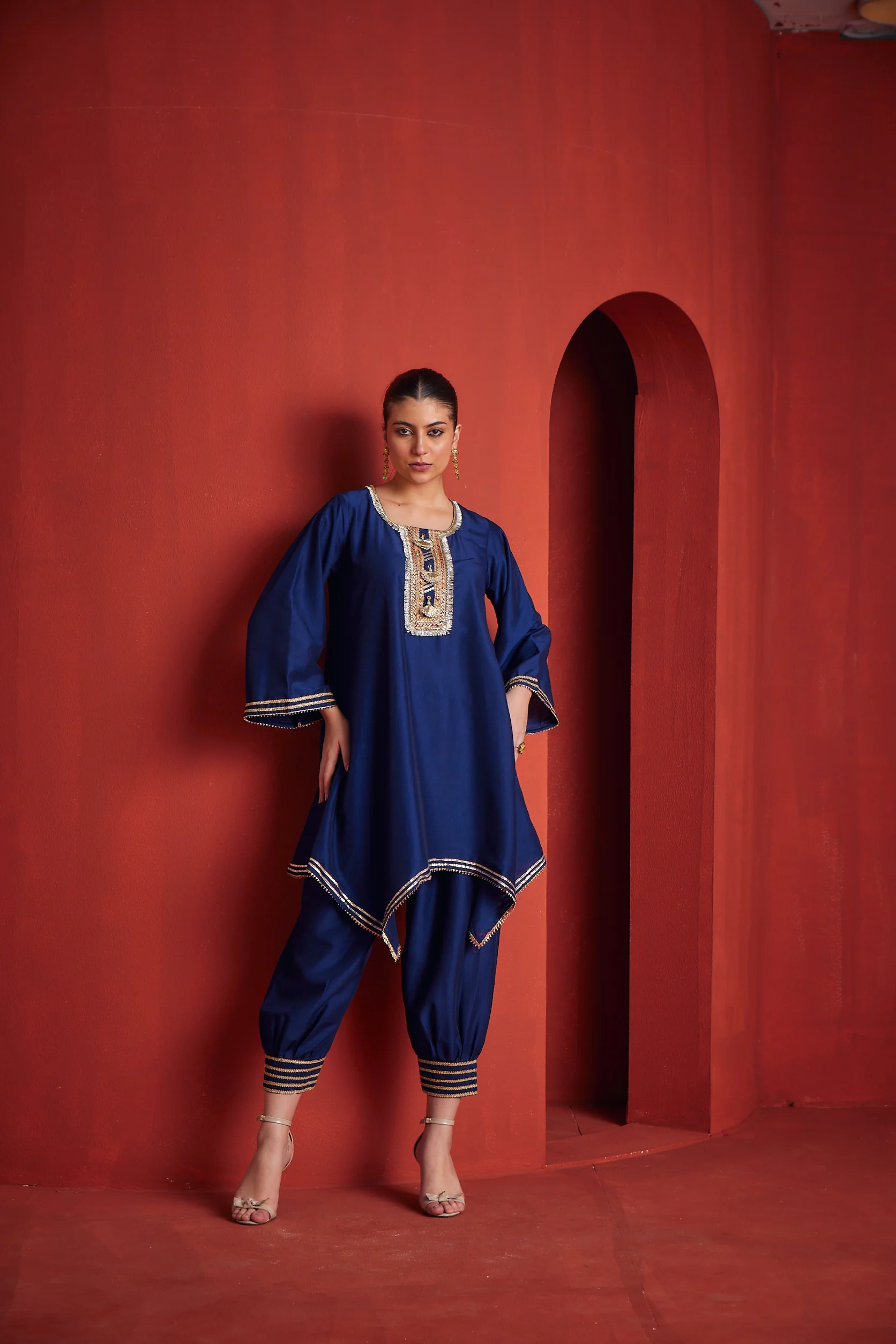 Neerus Womens Royal Blue Chanderi Fabric Kurta Salwar