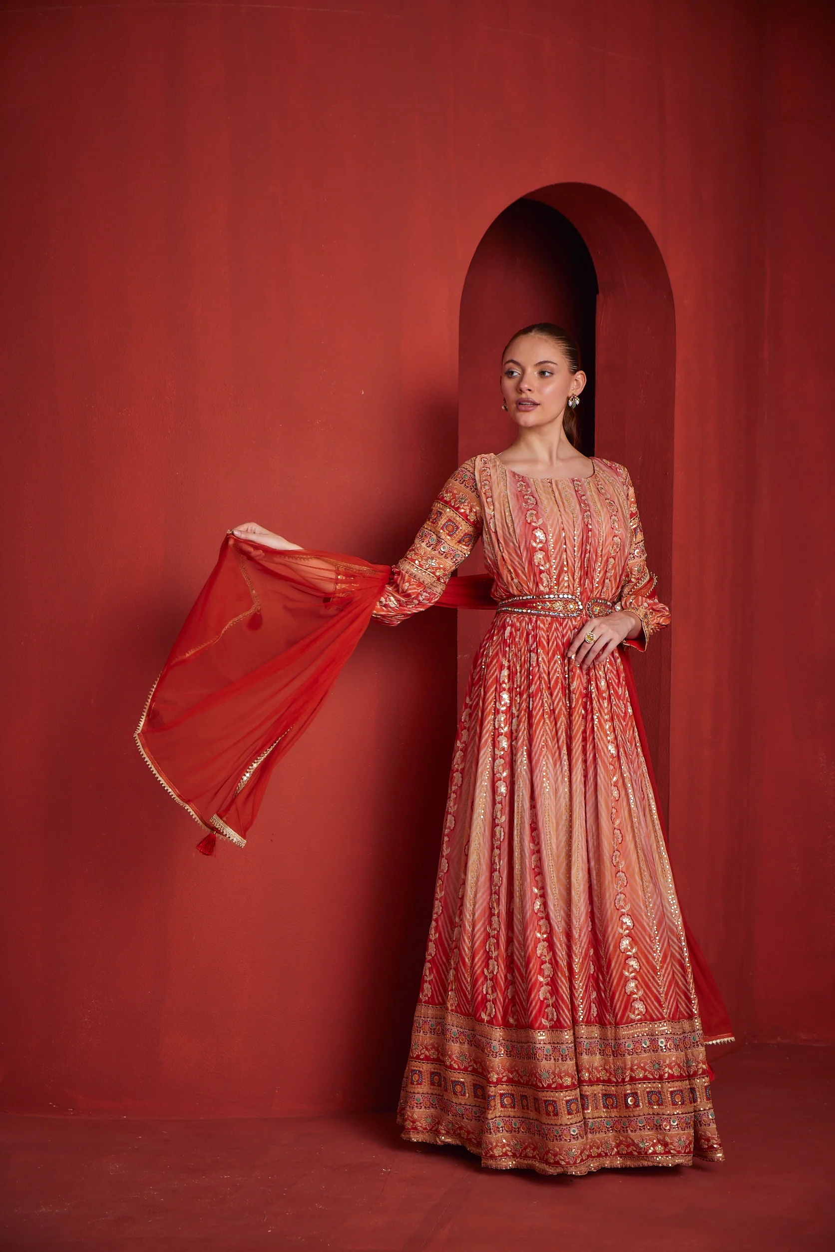 Neerus Womens Rust Color Chinon Fabric Gown