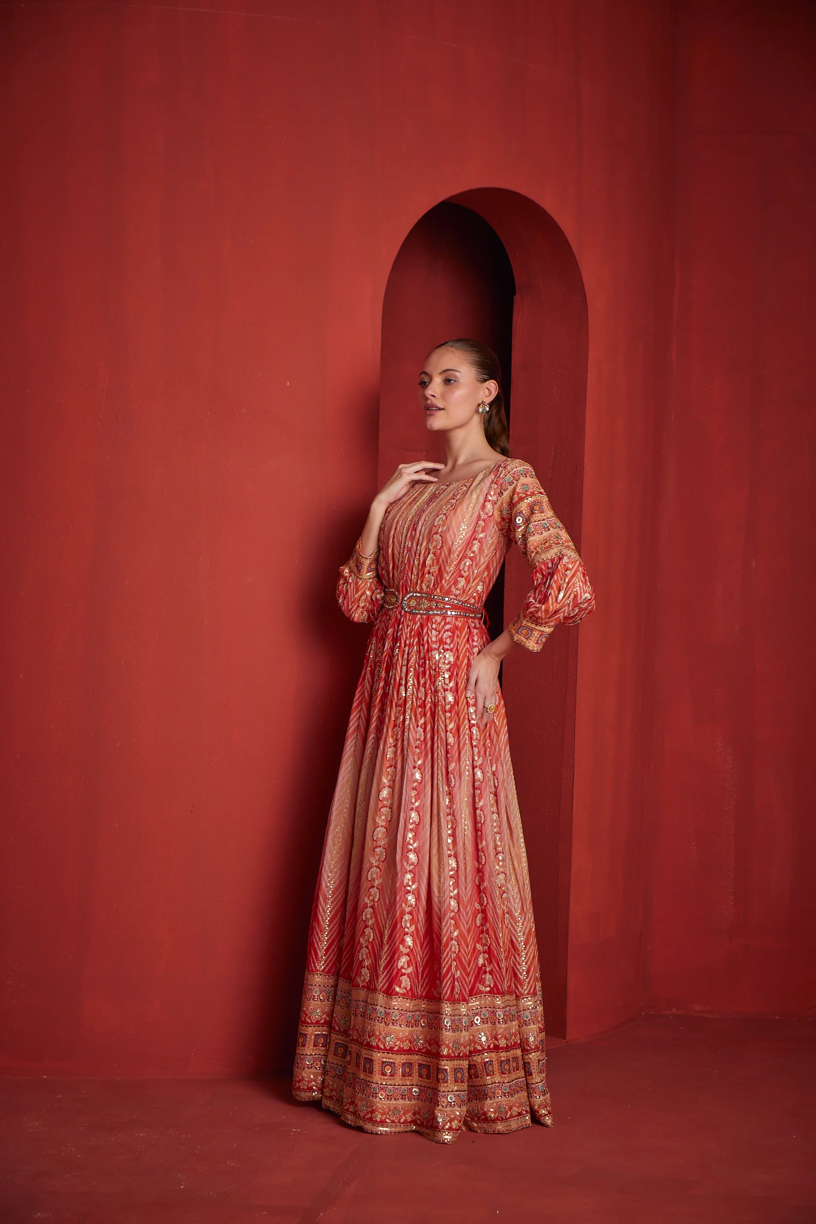 Neerus Womens Rust Color Chinon Fabric Gown - Image 2