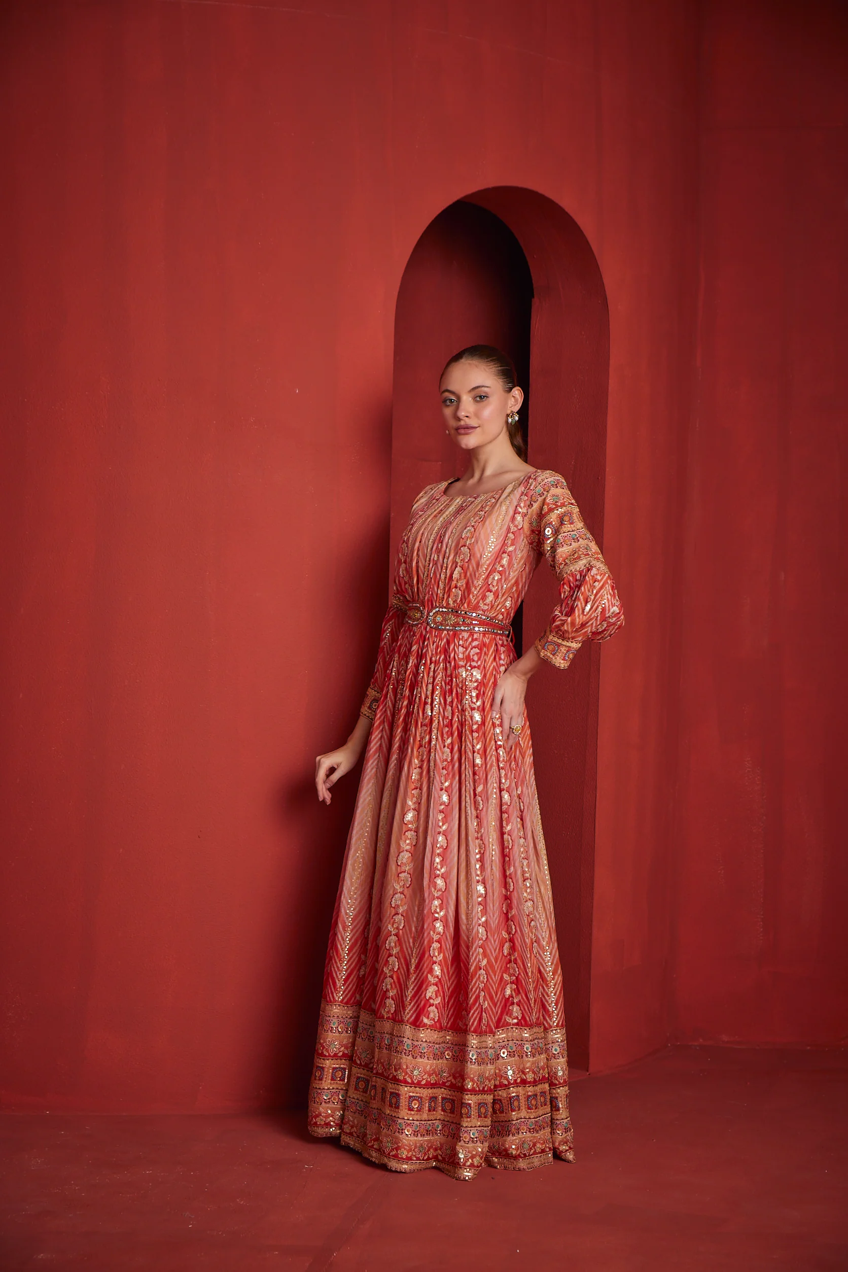 Neerus Womens Rust Color Chinon Fabric Gown - Image 3