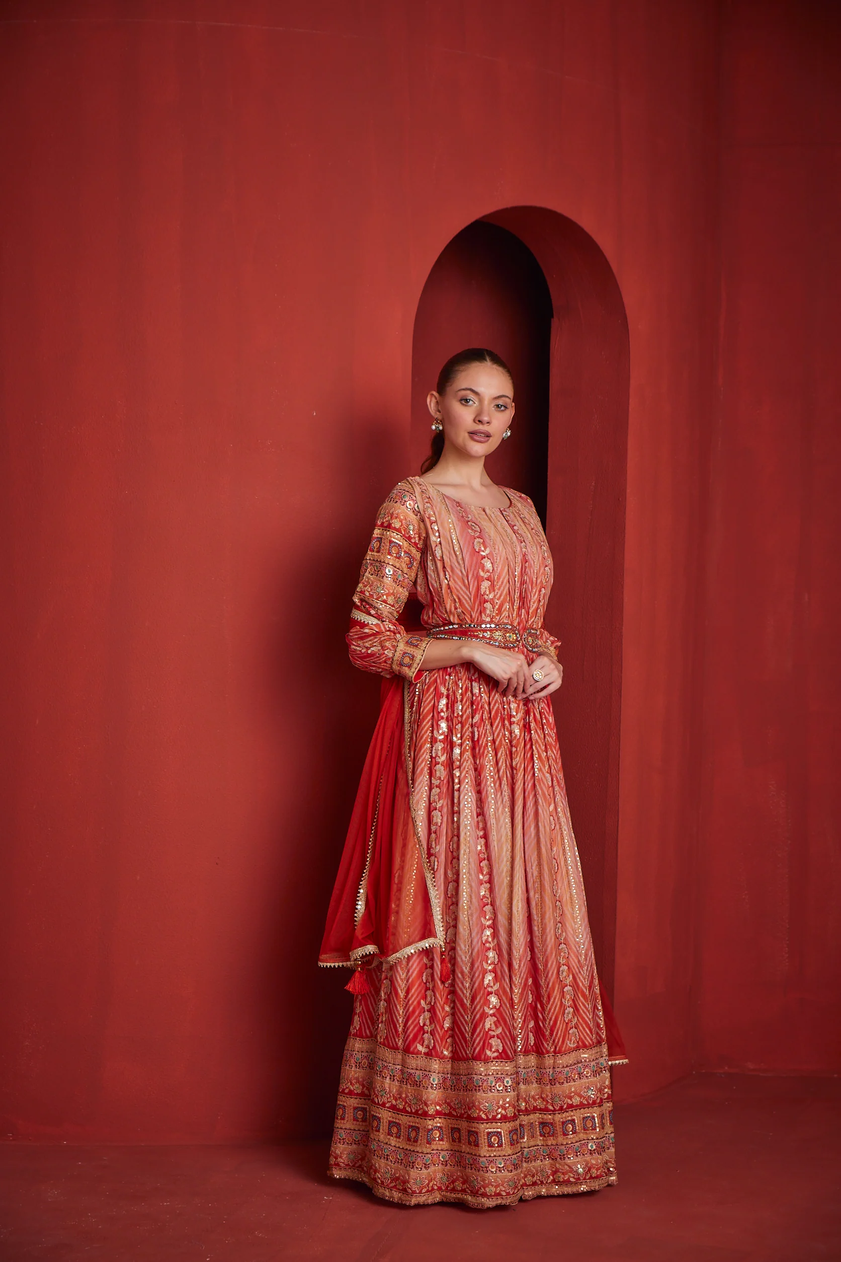 Neerus Womens Rust Color Chinon Fabric Gown - Image 4