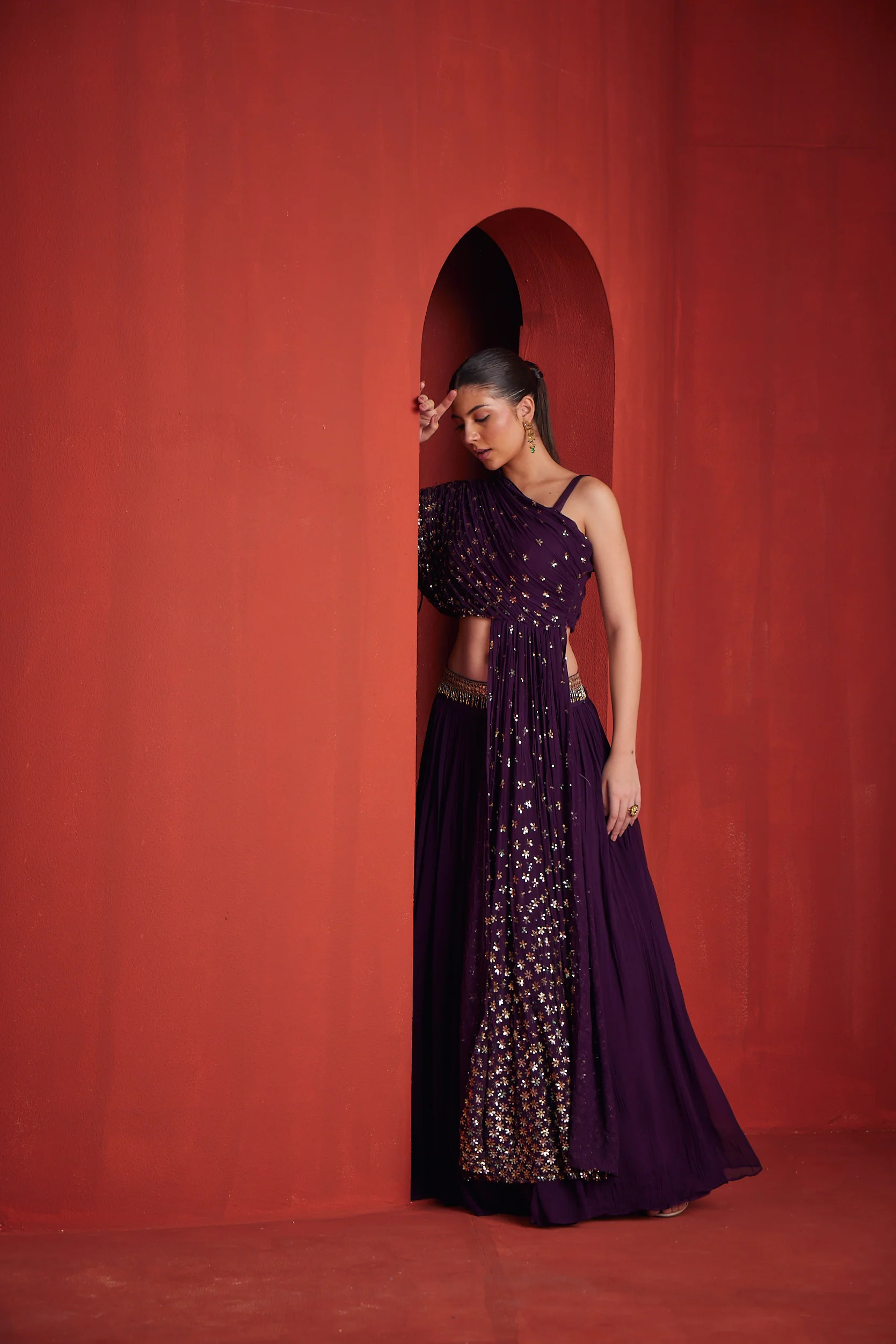 Neerus Womens Wine Color Georgette Fabric Ghagra Set - Image 4