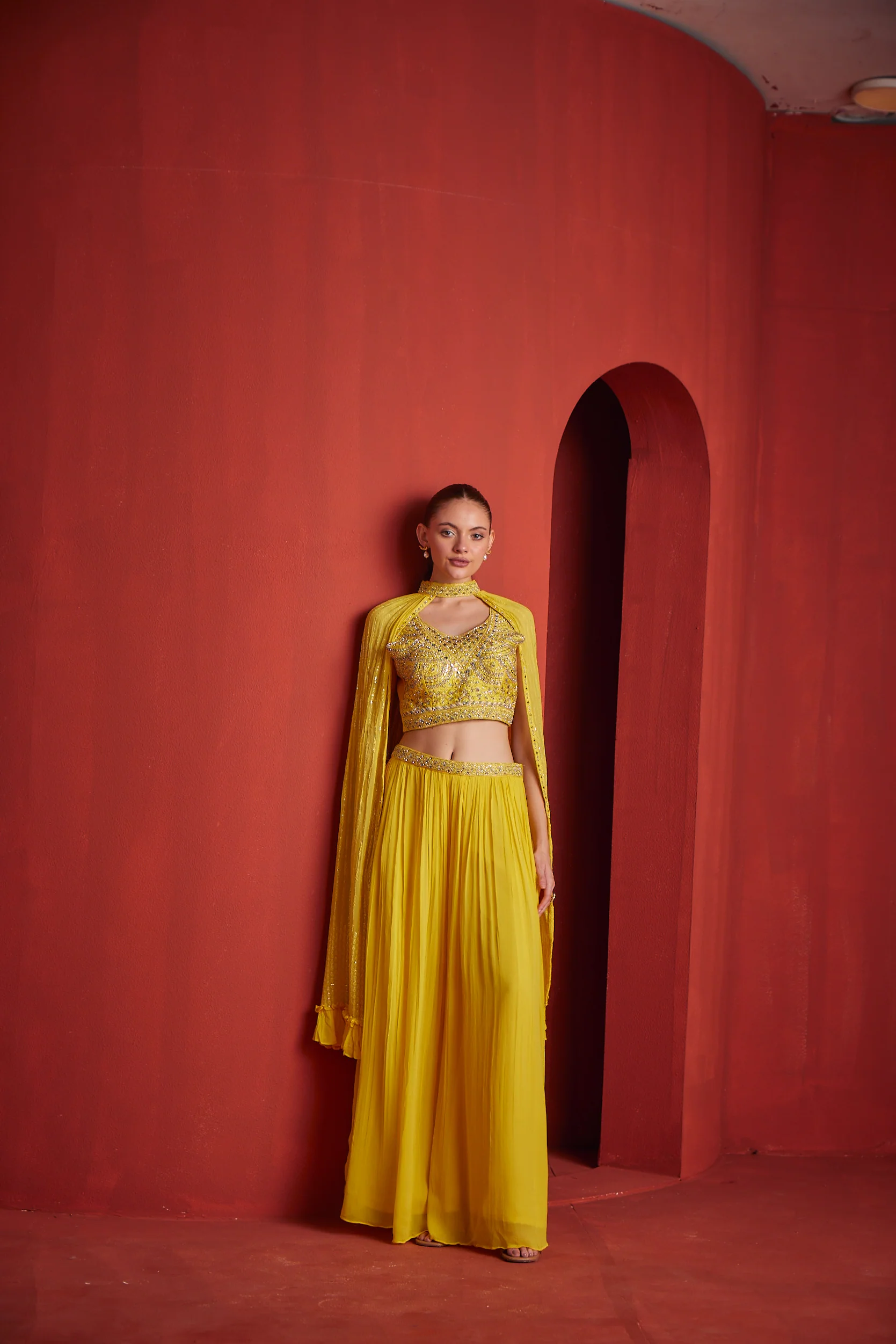 Neerus Womens Yellow Color Georgette Fabric Fusion Suit Set
