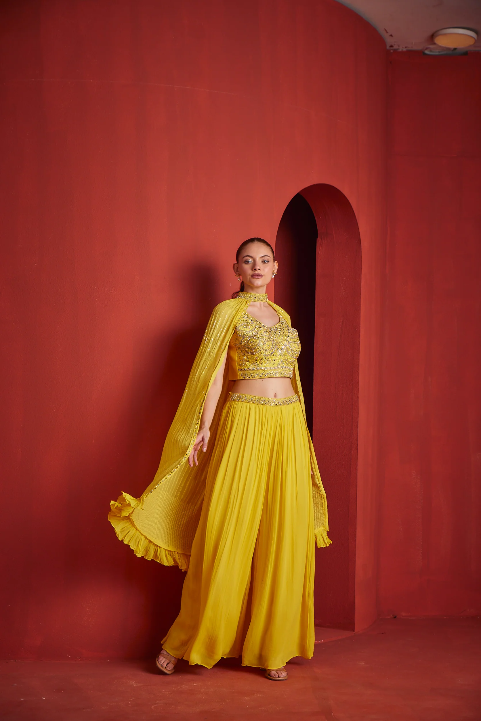 Neerus Womens Yellow Color Georgette Fabric Fusion Suit Set - Image 2