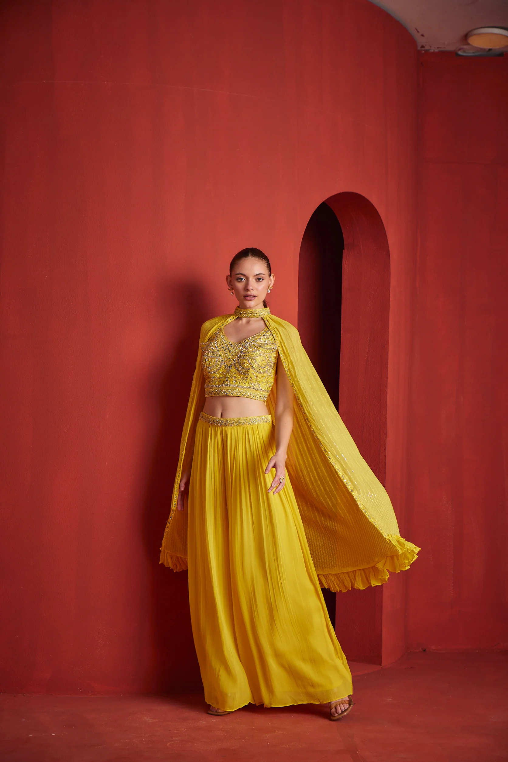 Neerus Womens Yellow Color Georgette Fabric Fusion Suit Set - Image 3