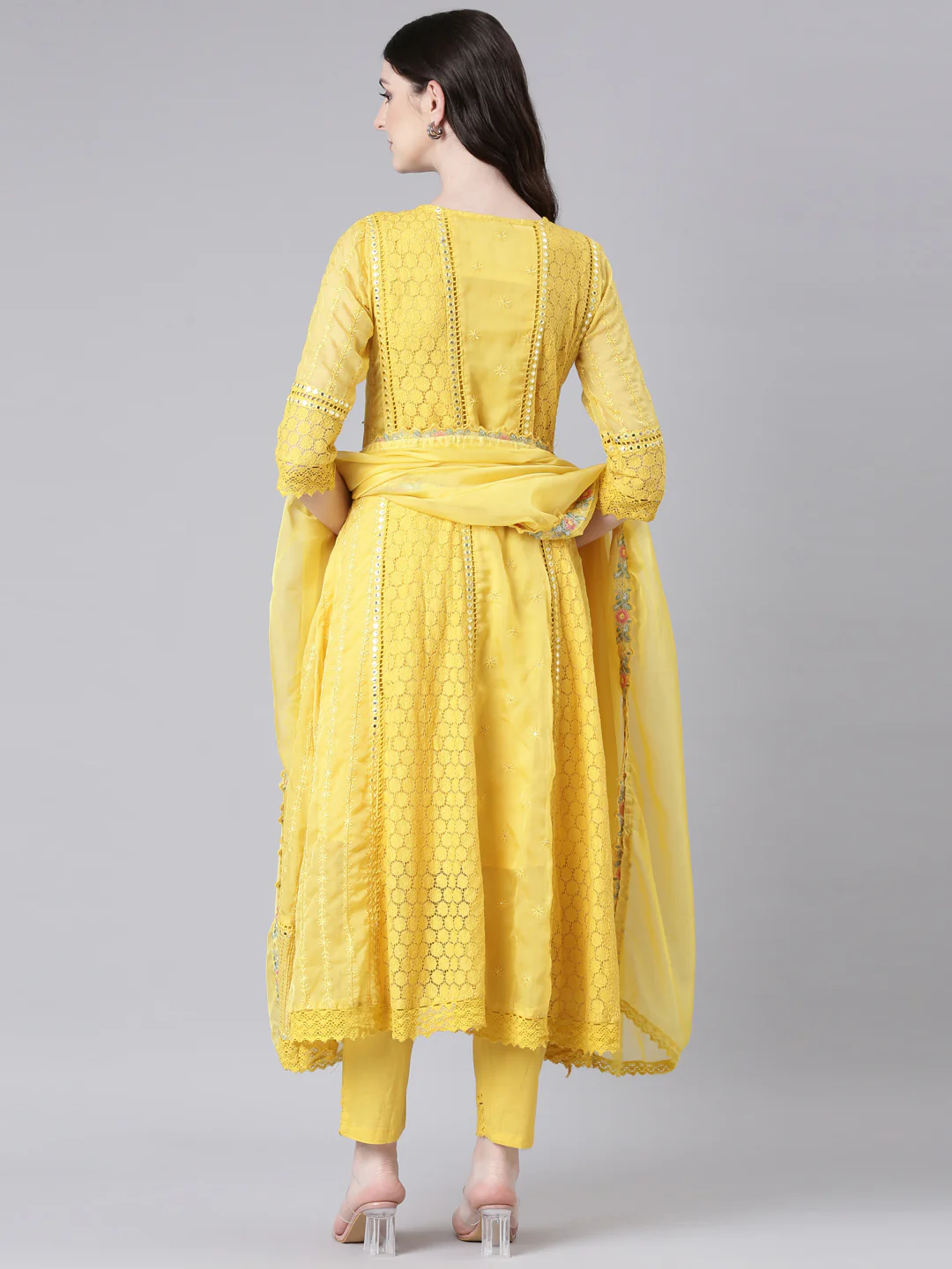 Neerus Yellow Anarkali Kurta and Trousers With Dupatta - Image 3