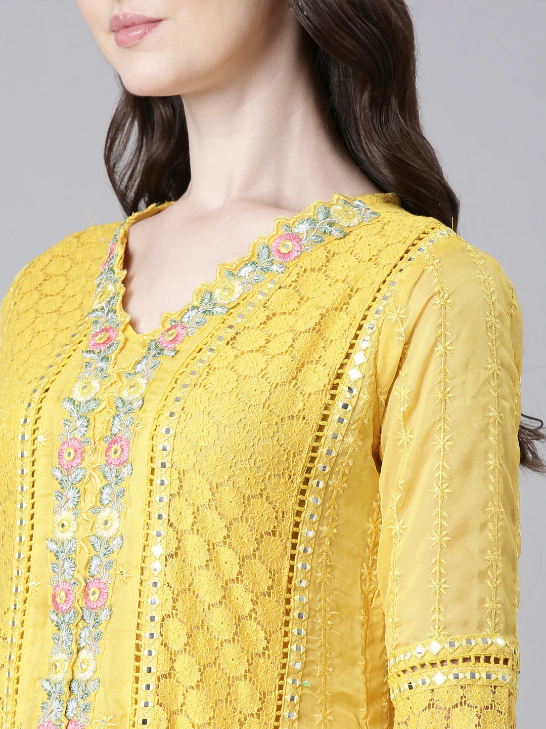 Neerus Yellow Anarkali Kurta and Trousers With Dupatta - Image 4