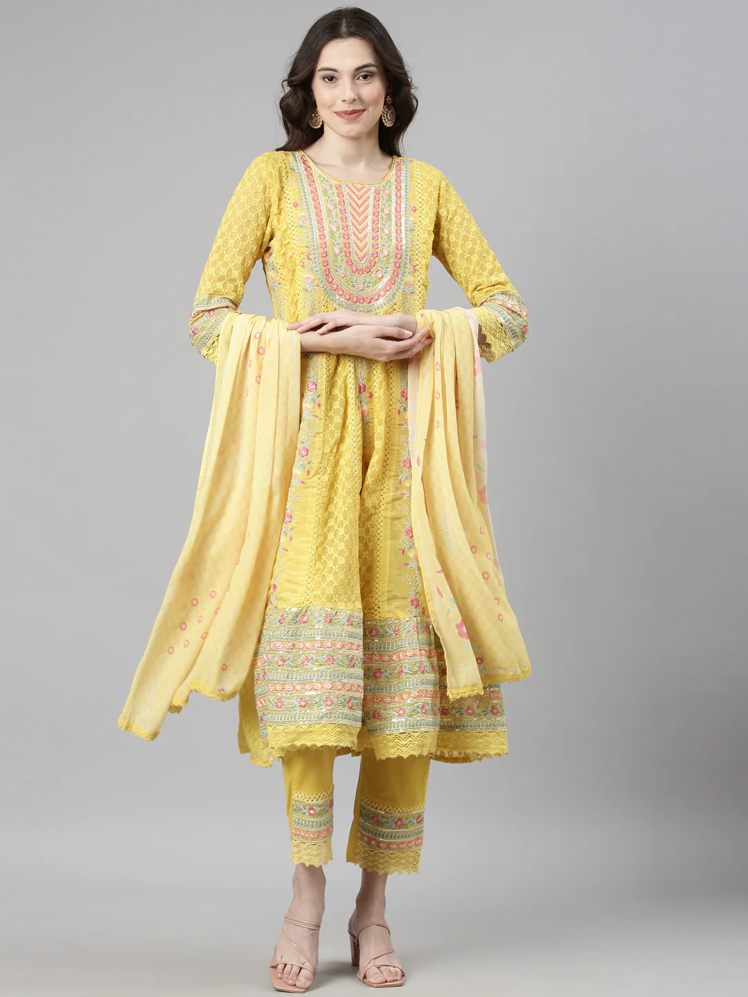 Neerus Yellow Casual Anarkali Kurta and Trousers With Dupatta