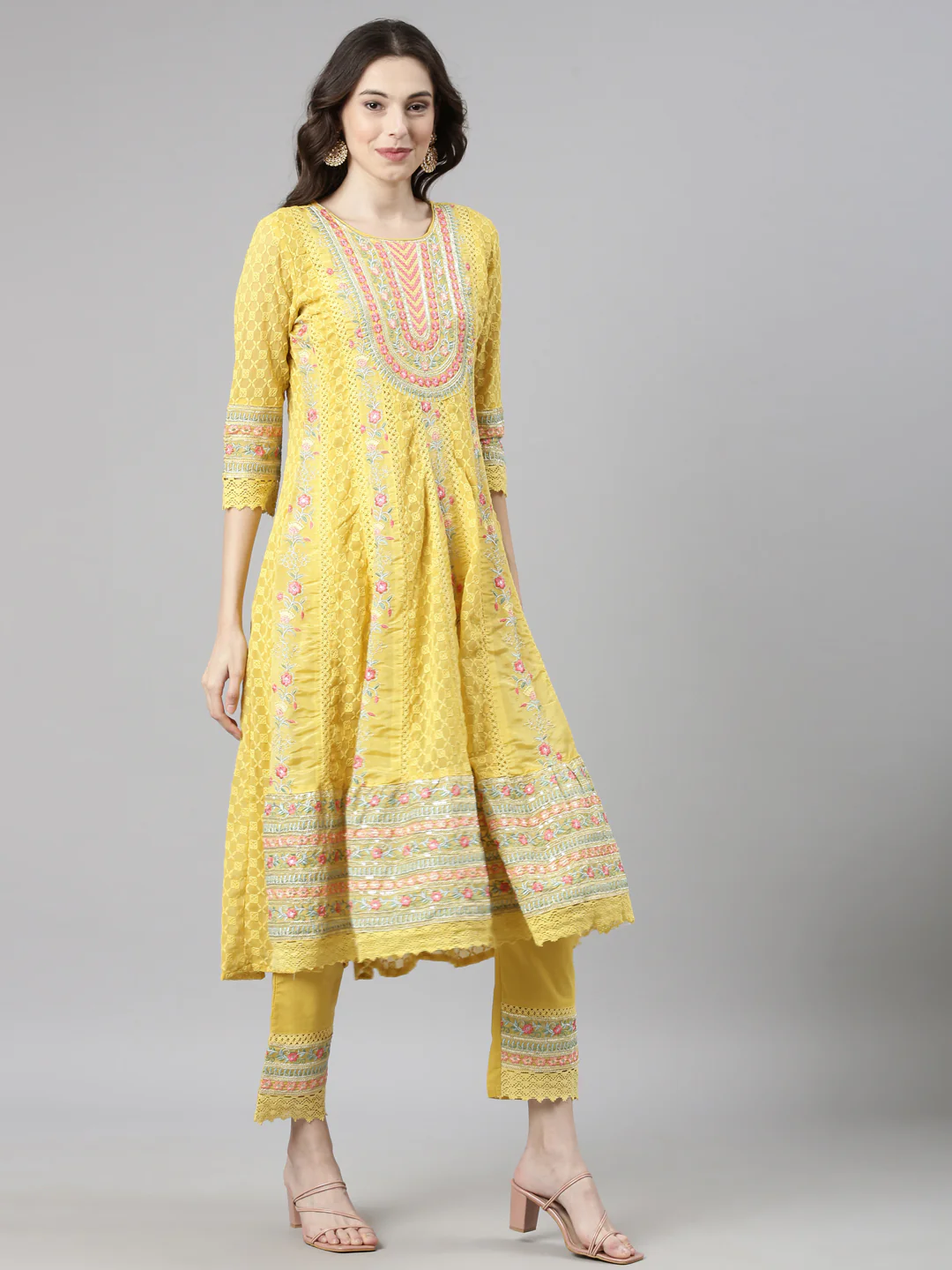 Neerus Yellow Casual Anarkali Kurta and Trousers With Dupatta - Image 3