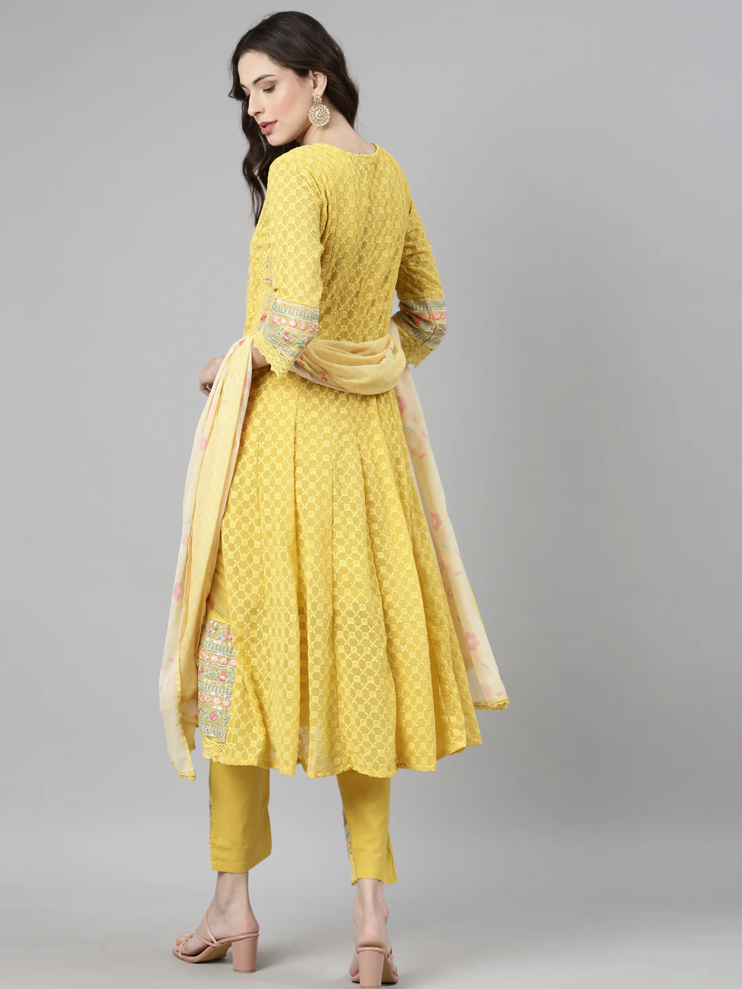 Neerus Yellow Casual Anarkali Kurta and Trousers With Dupatta - Image 4
