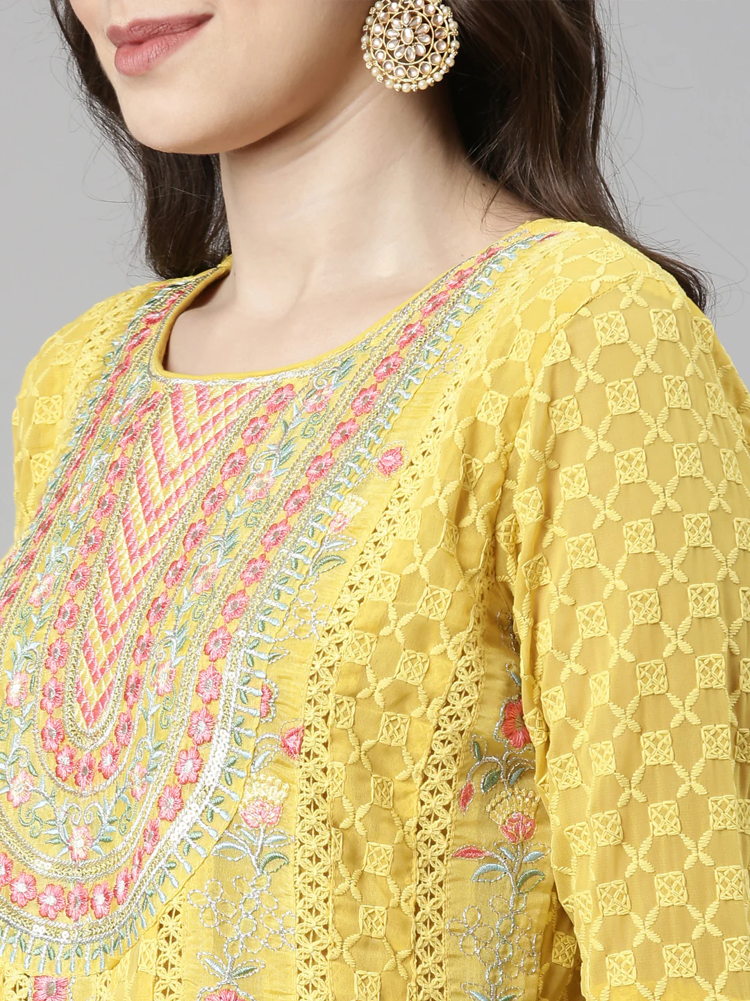 Neerus Yellow Casual Anarkali Kurta and Trousers With Dupatta - Image 5