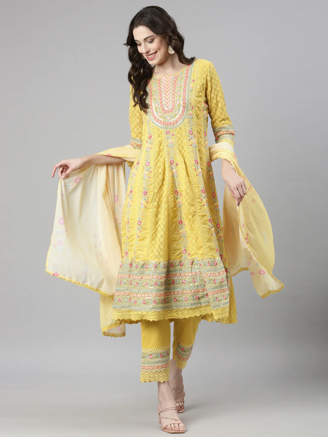 Neerus Yellow Casual Anarkali Kurta and Trousers With Dupatta - Image 6