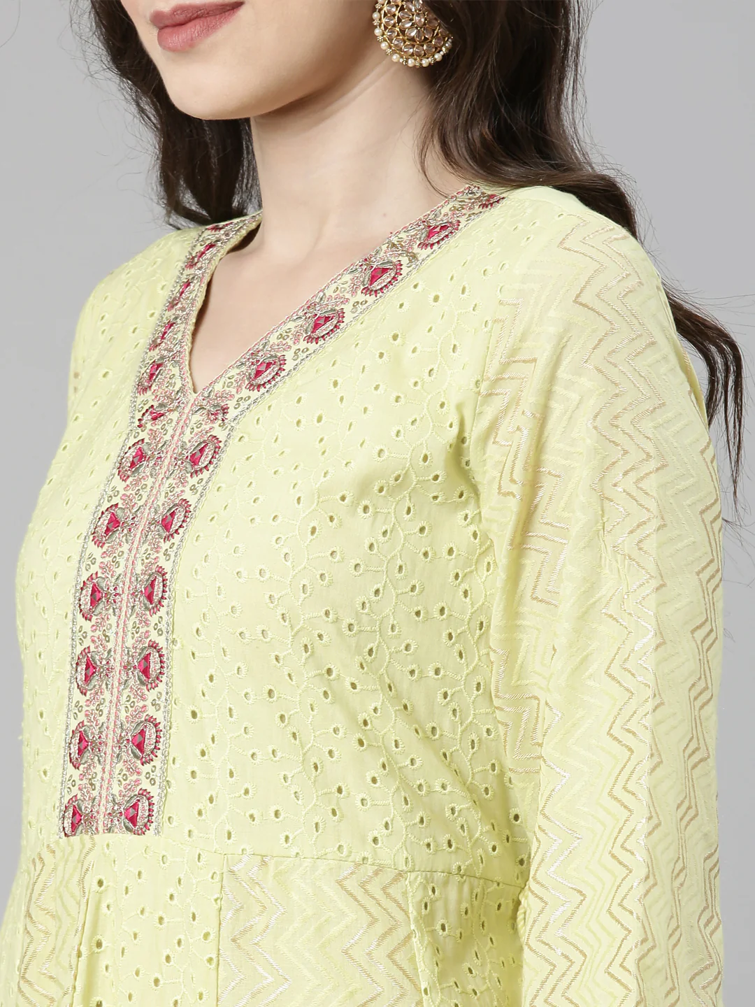 Neerus Yellow Casual Chevron Anarkali Kurta and Trousers With Dupatta - Image 5