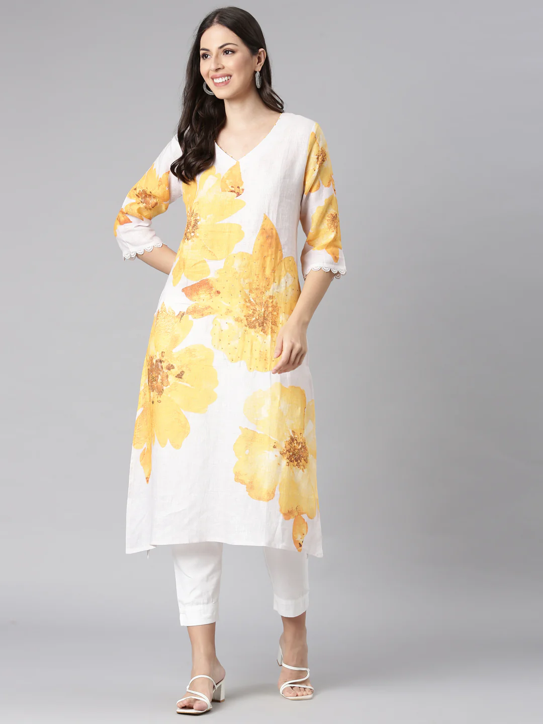Neerus Yellow Casual Floral Straight Kurta - Image 5