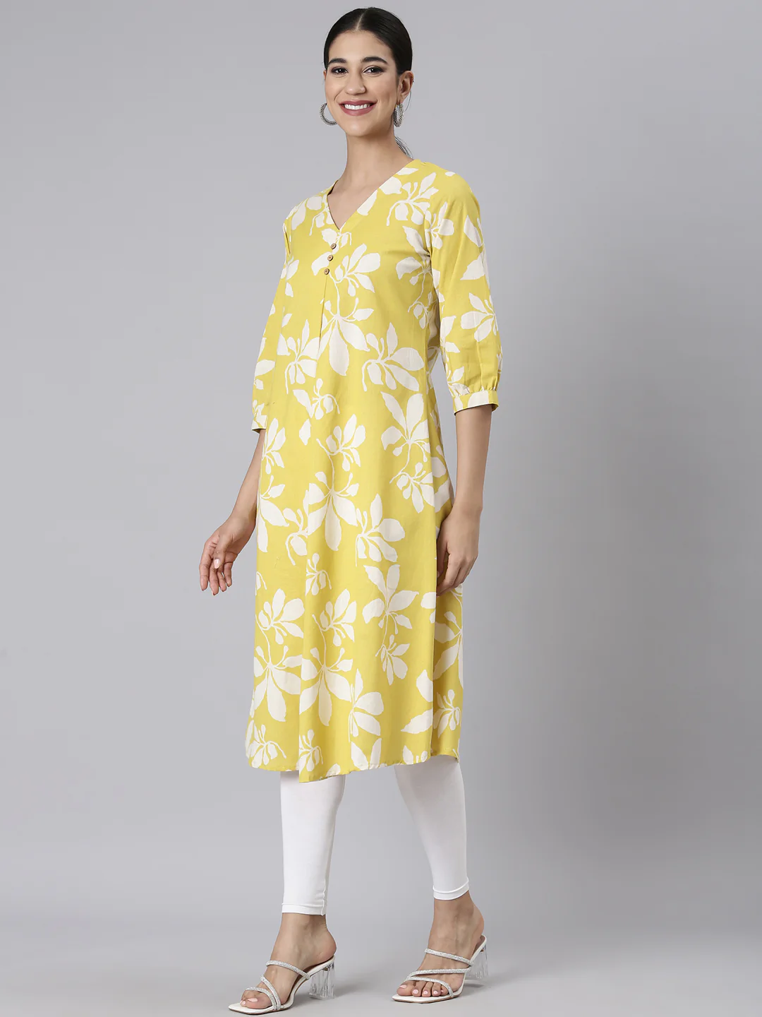 Neerus Yellow Casual Floral Straight Kurta - Image 2