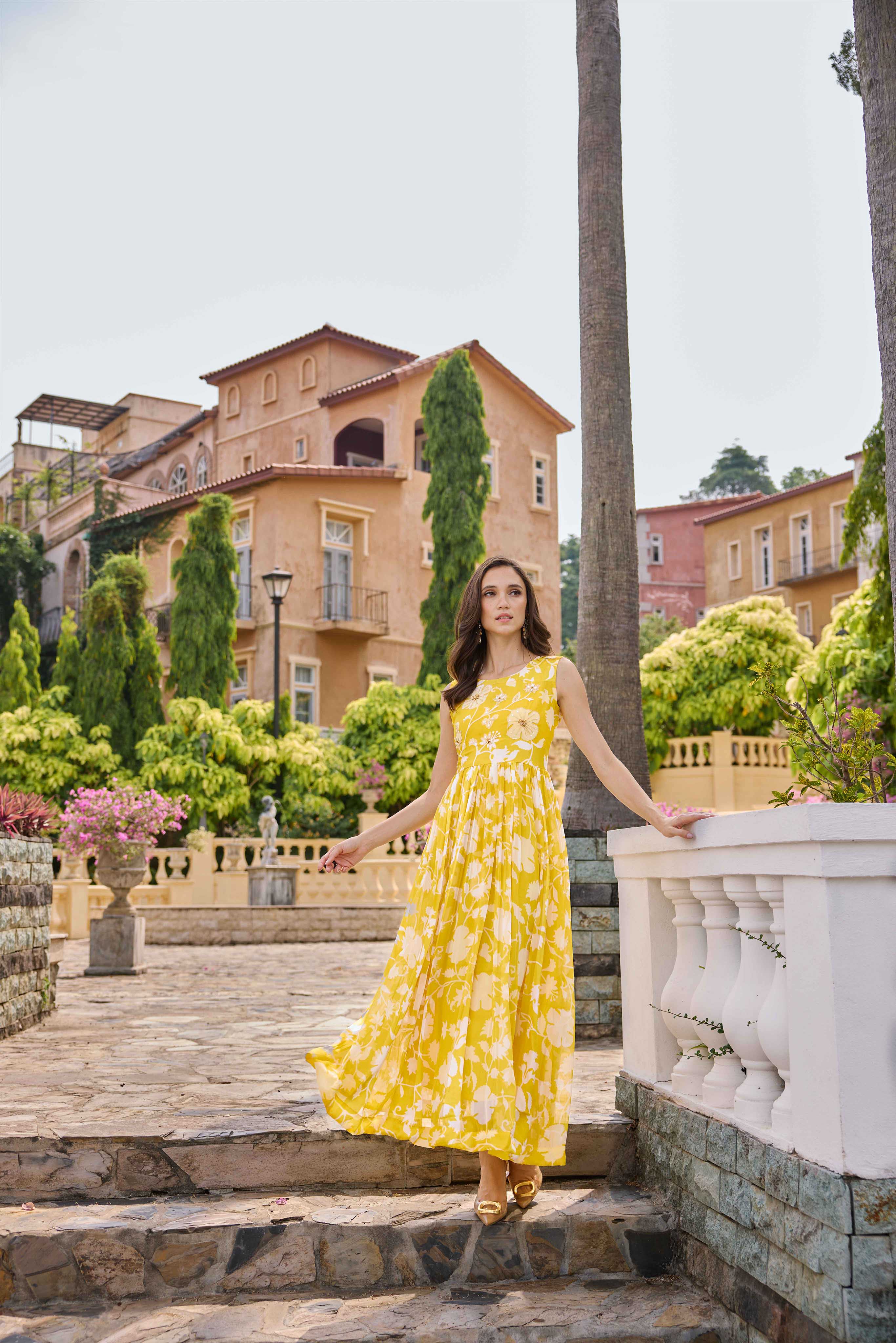 Neerus Yellow Casual Maxi Floral Dresses - Image 2