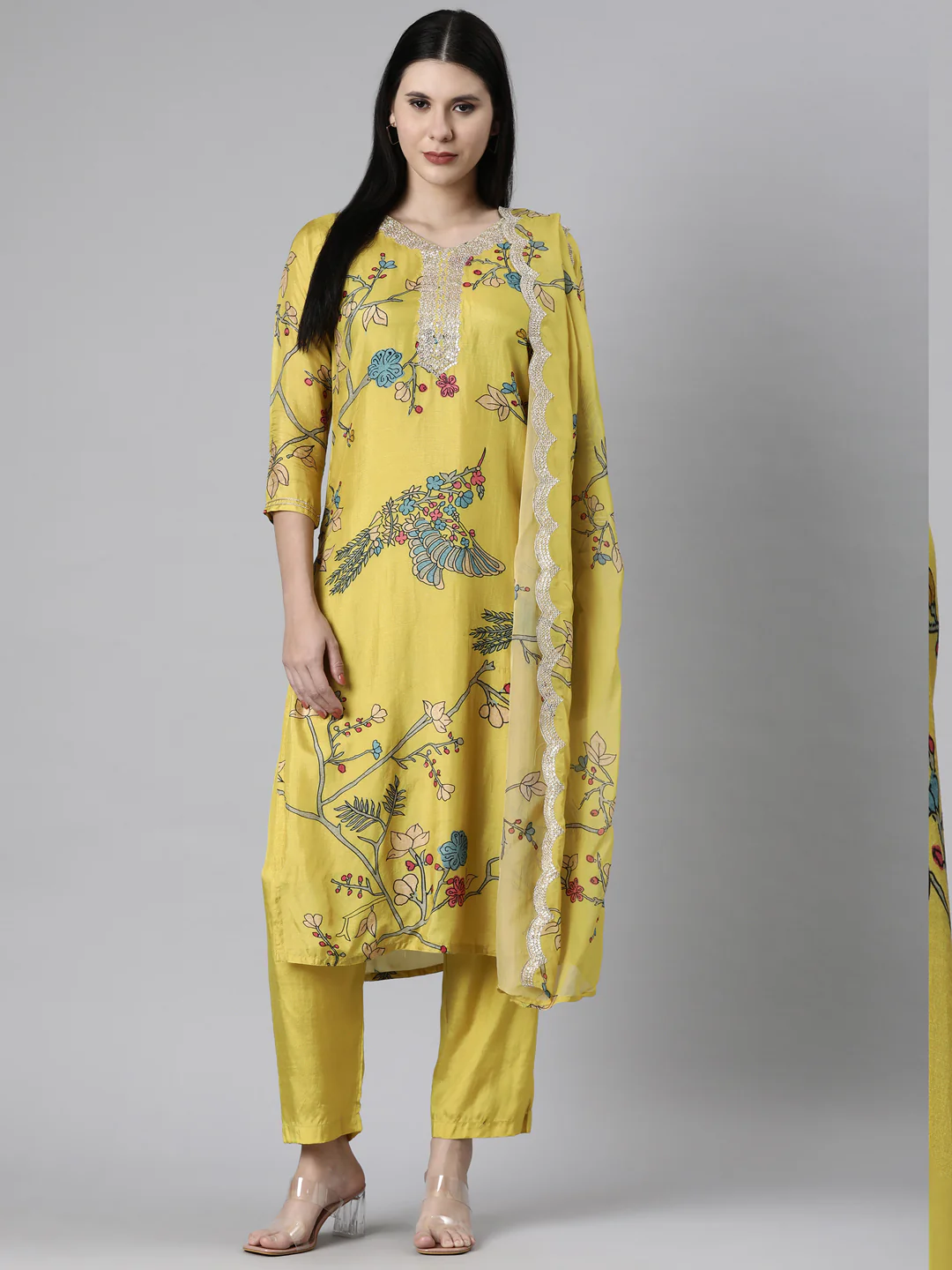 Neerus Yellow Casual Quirky Straight Kurta and Trousers With Dupatta - Image 4