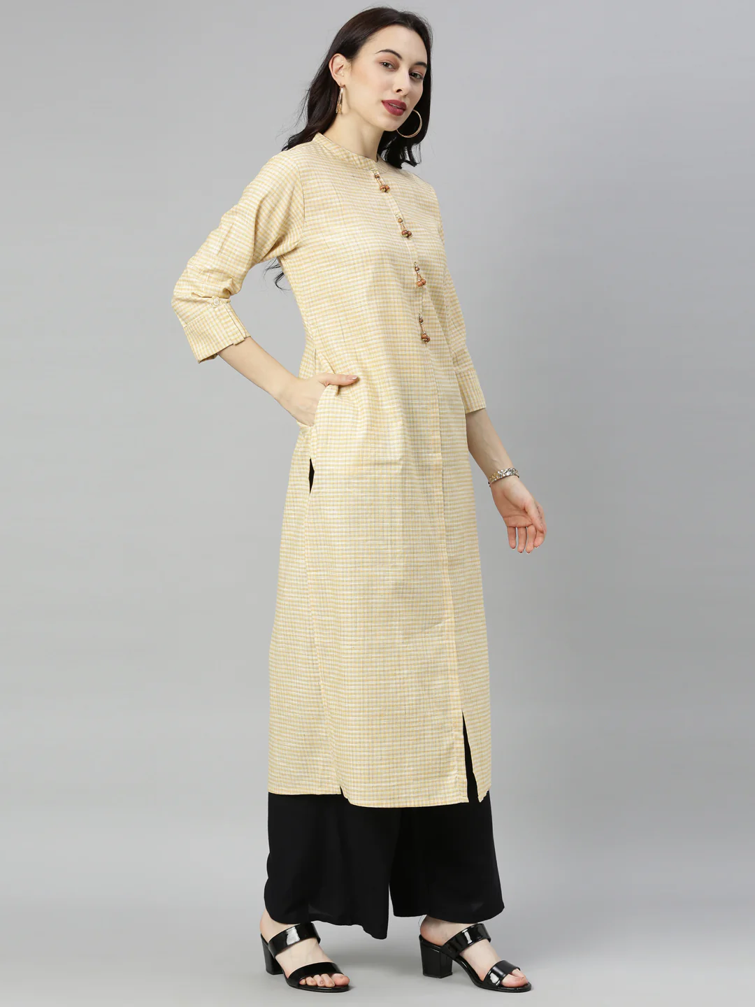 Neerus Yellow Checkss A Line Kurta - Image 3