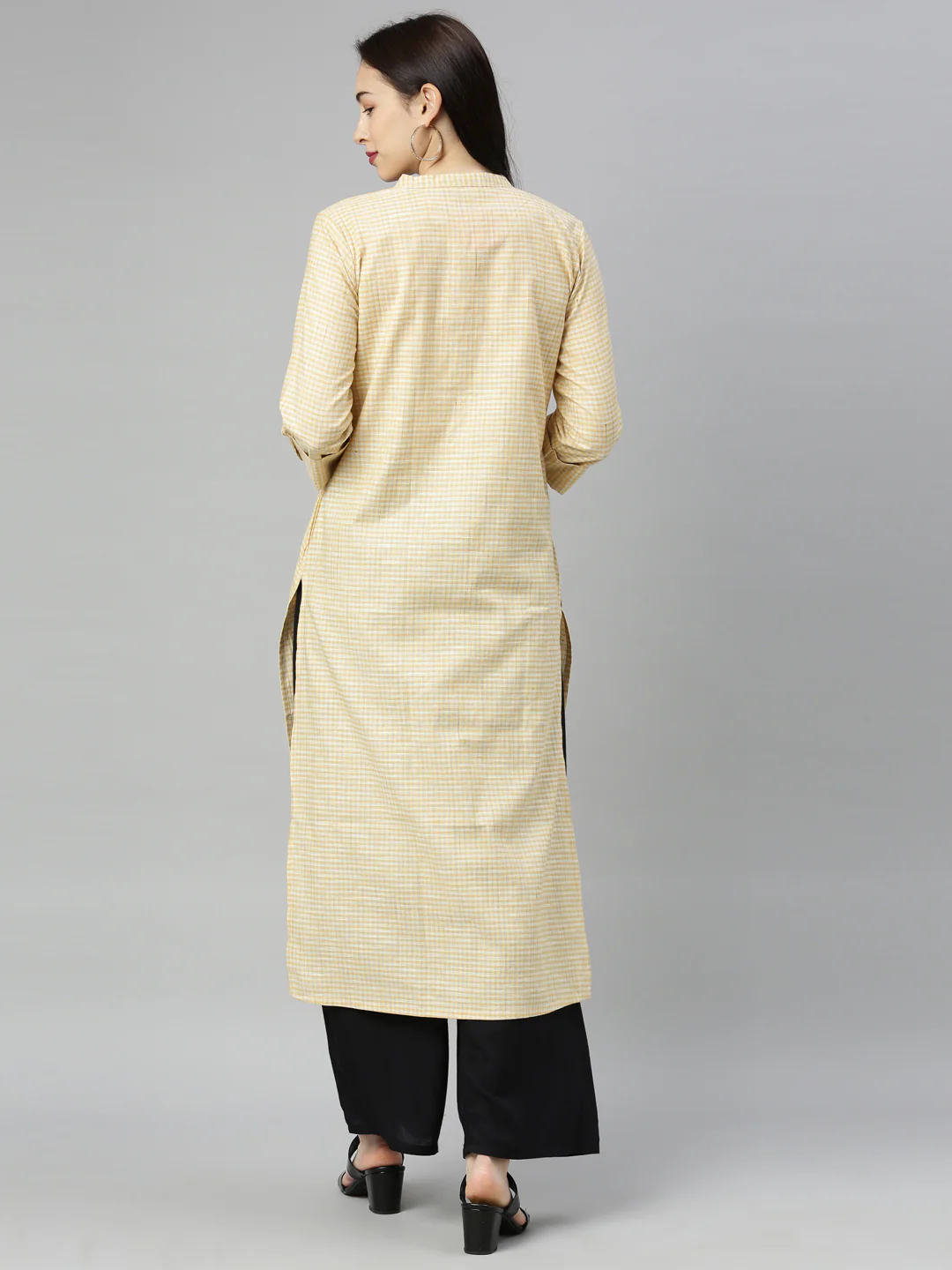 Neerus Yellow Checkss A Line Kurta - Image 4