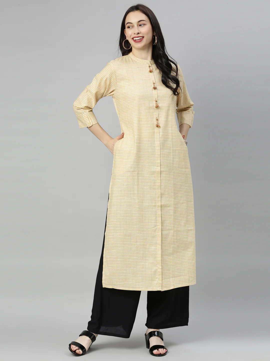 Neerus Yellow Checkss A Line Kurta - Image 5