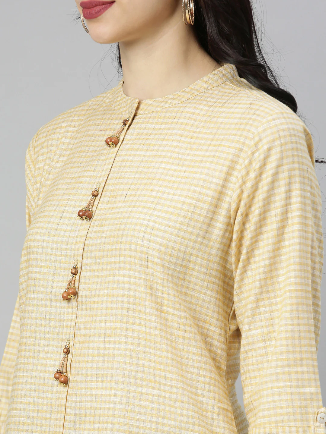 Neerus Yellow Checkss A Line Kurta - Image 6