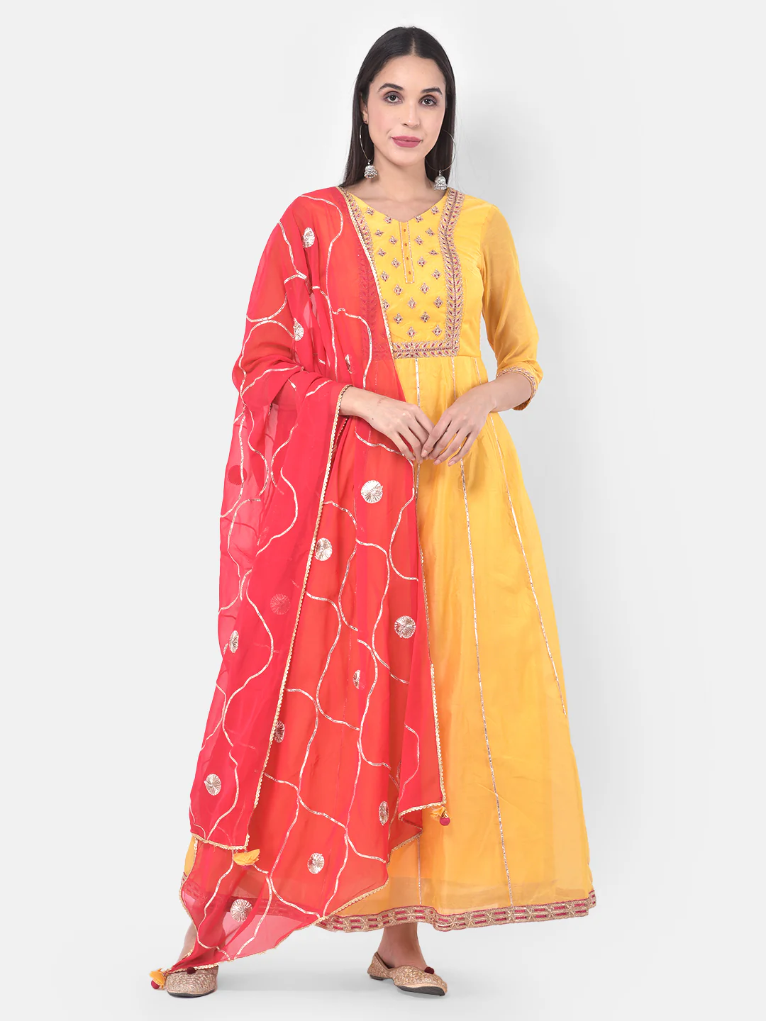 Neerus Yellow Color Chanderi Fabric Anarkali Suit