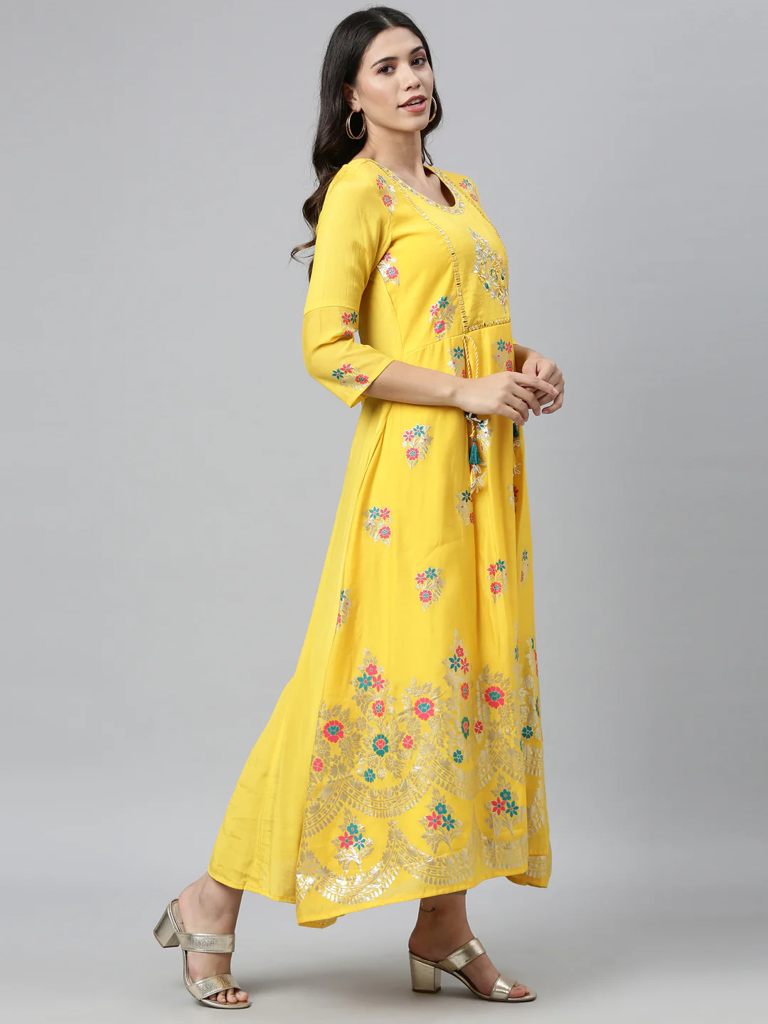 Neerus Yellow Colour Dress Chanderi Fabric Kurta - Image 3