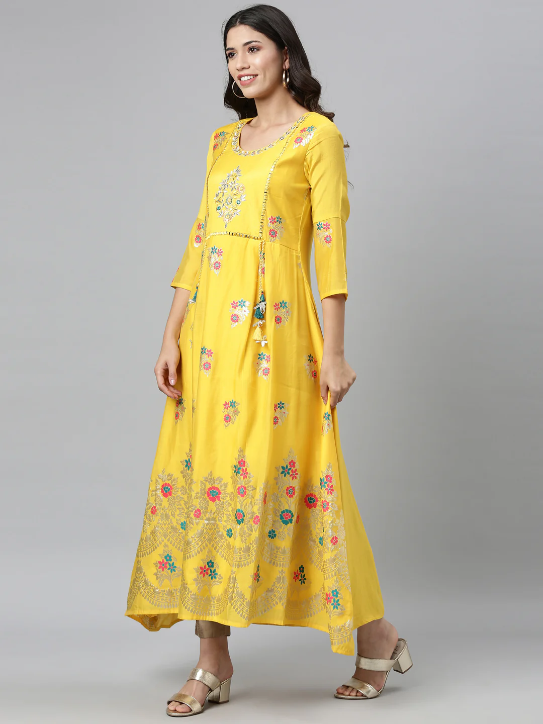 Neerus Yellow Colour Dress Chanderi Fabric Kurta - Image 6