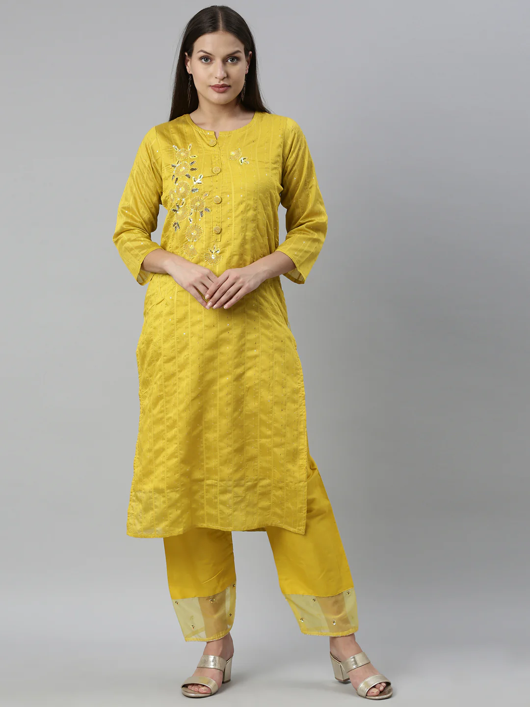 Neerus Yellow Color Chanderi Fabric Kurta Set