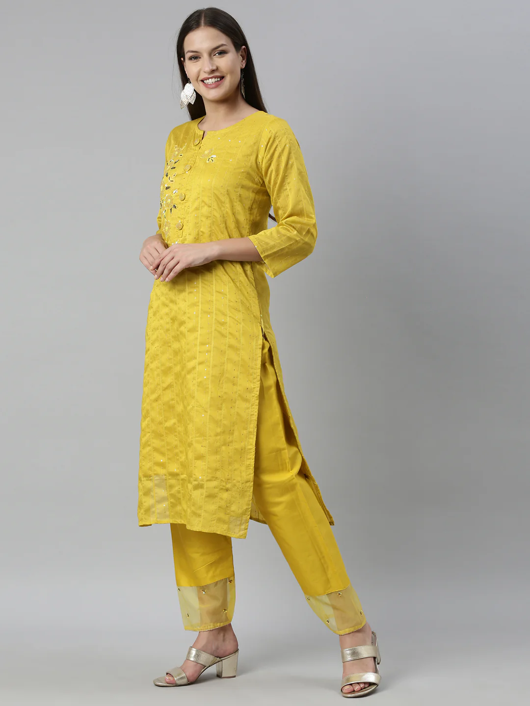 Neerus Yellow Color Chanderi Fabric Kurta Set - Image 3
