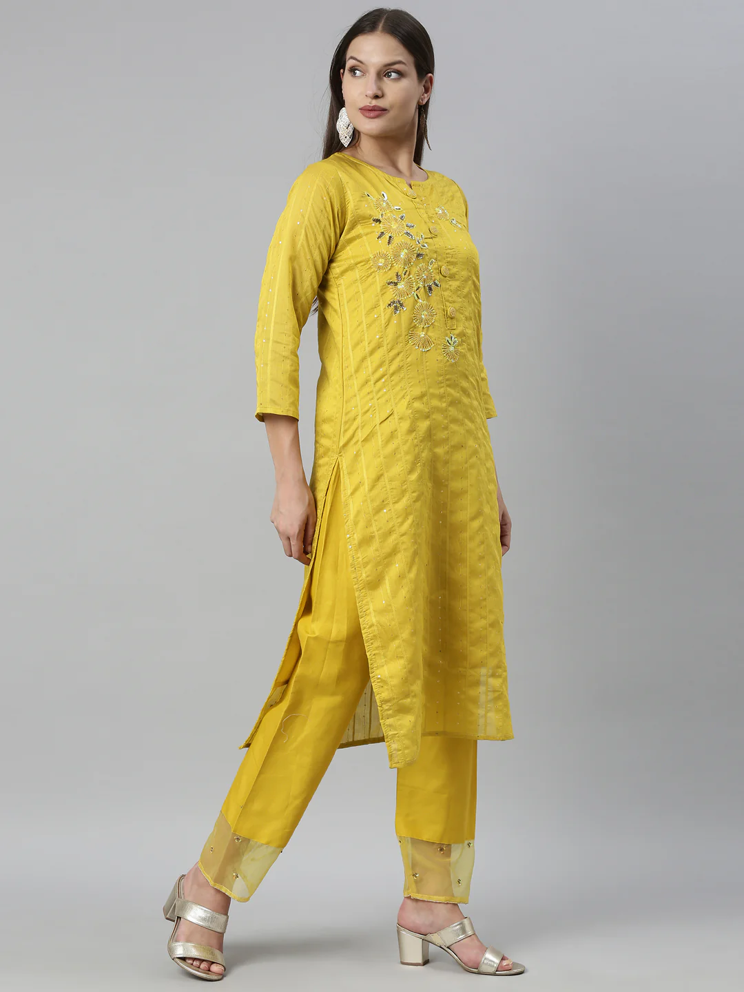 Neerus Yellow Color Chanderi Fabric Kurta Set - Image 4