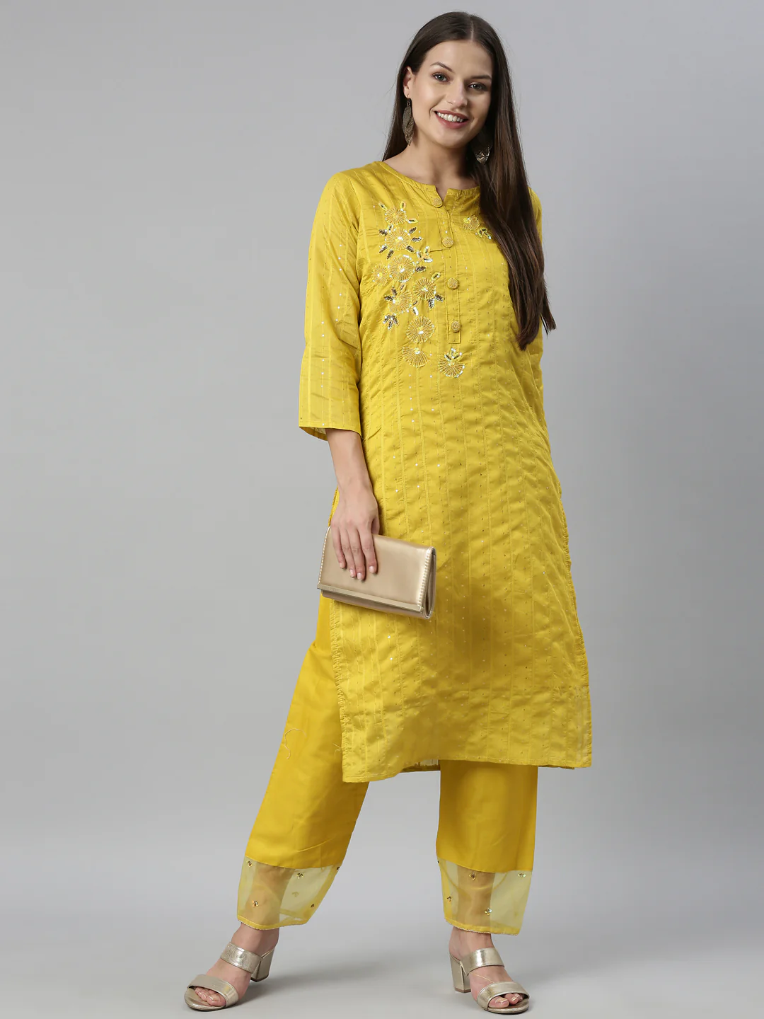 Neerus Yellow Color Chanderi Fabric Kurta Set - Image 6