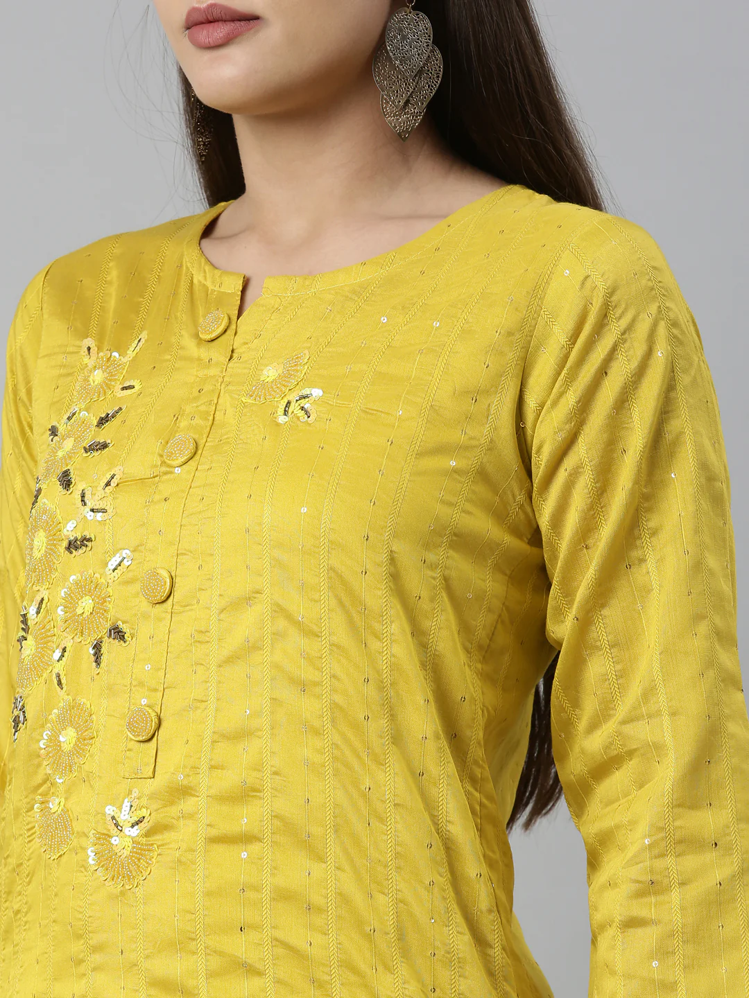 Neerus Yellow Color Chanderi Fabric Kurta Set - Image 7