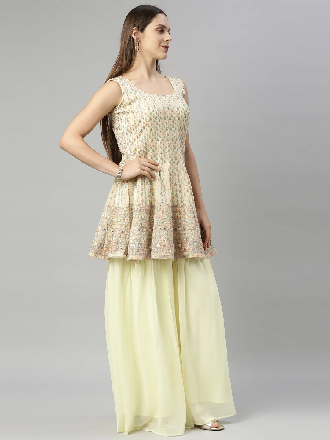 Neerus Yellow Color Georgette Fabric Suit-Short Anarkali