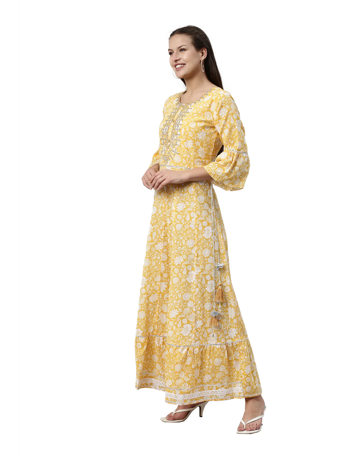 Neerus Yellow Color Mulmul Fabric Kurta - Image 2