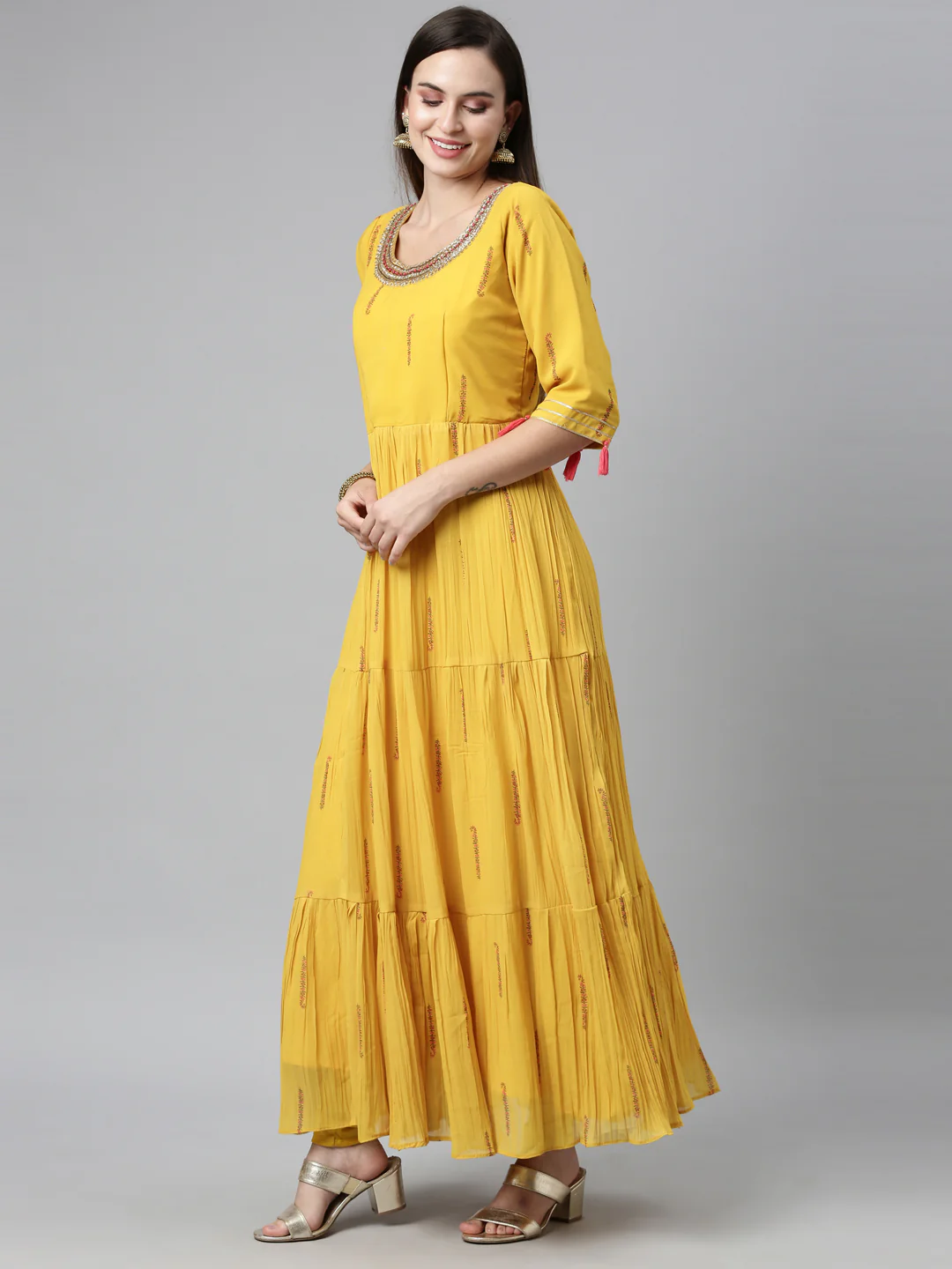 Neerus Yellow Color Poly Georgette Fabric Kurta Sets With Dupatta - Image 5