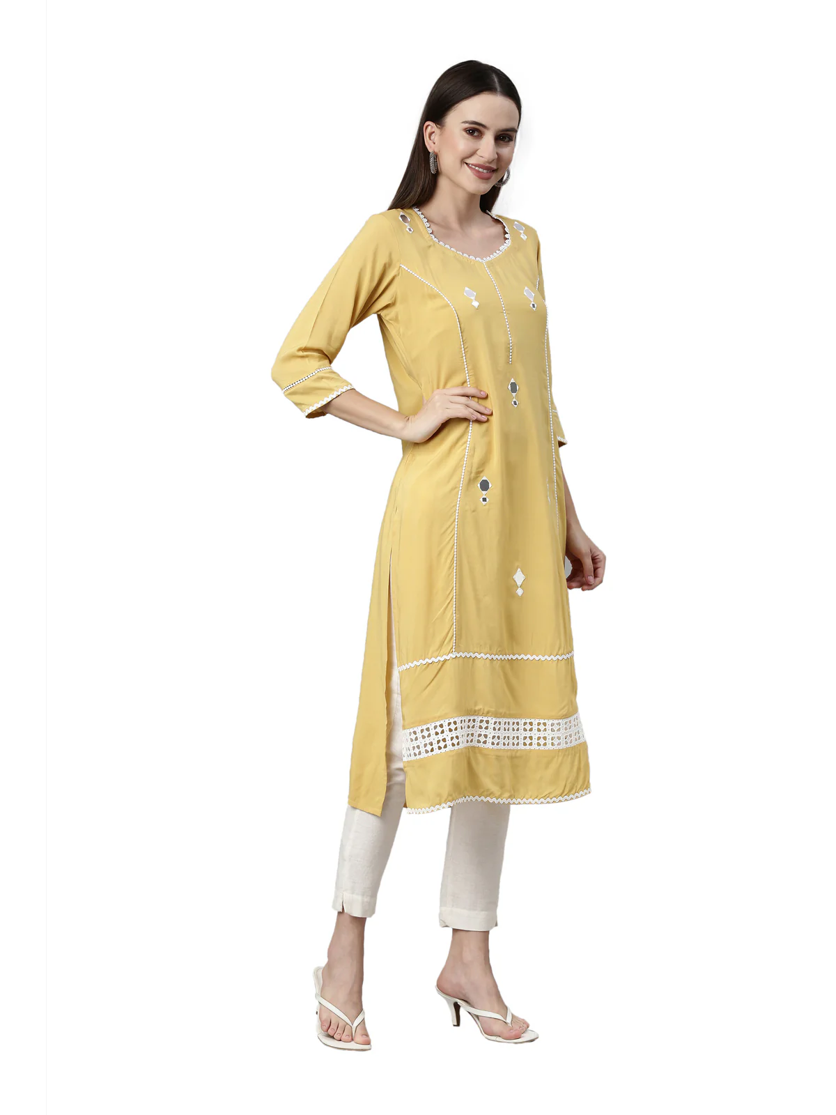 Neerus Yellow Color Rayon Fabric Kurta - Image 4