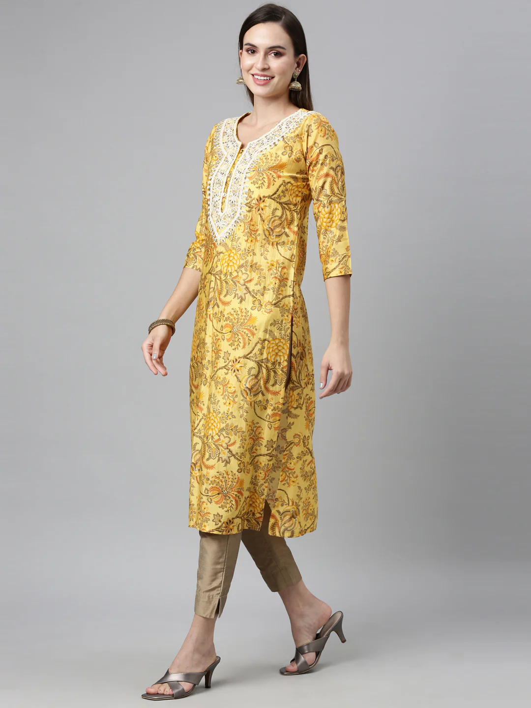 Neerus Yellow Color Silk Fabric Kurta - Image 5