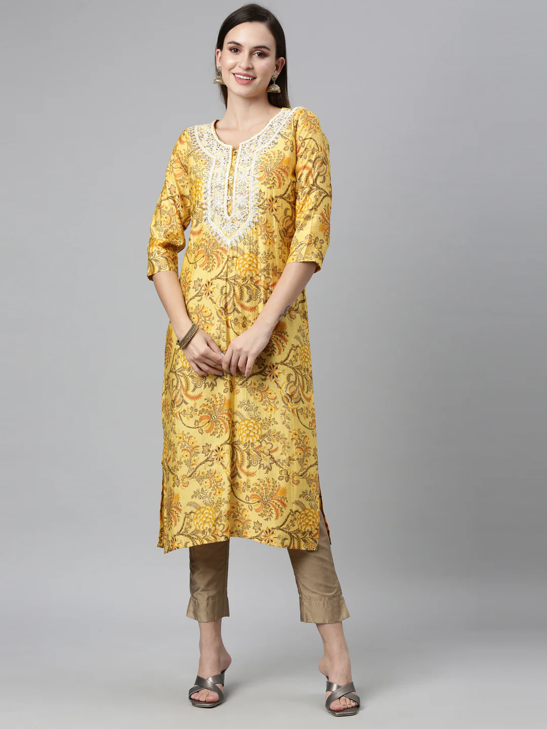 Neerus Yellow Color Silk Fabric Kurta - Image 7