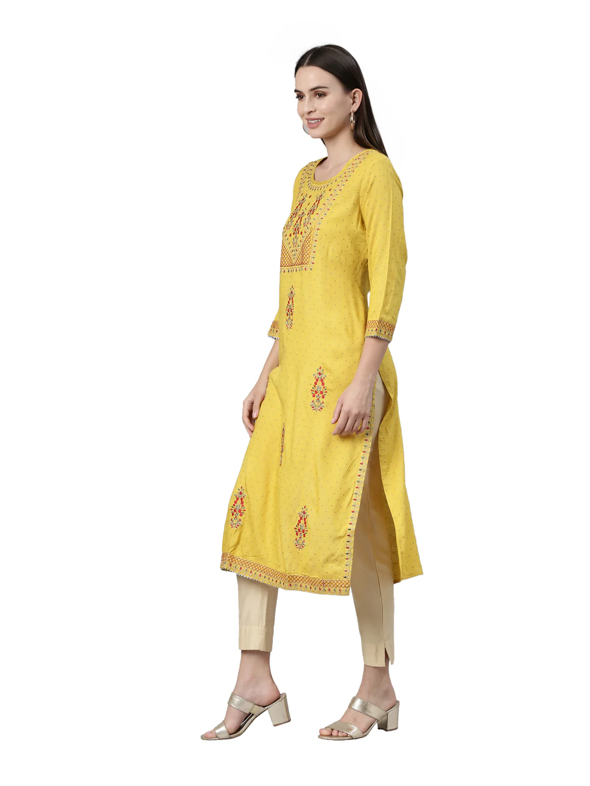 Neerus Yellow Color Slub Rayon Fabric Kurta - Image 3