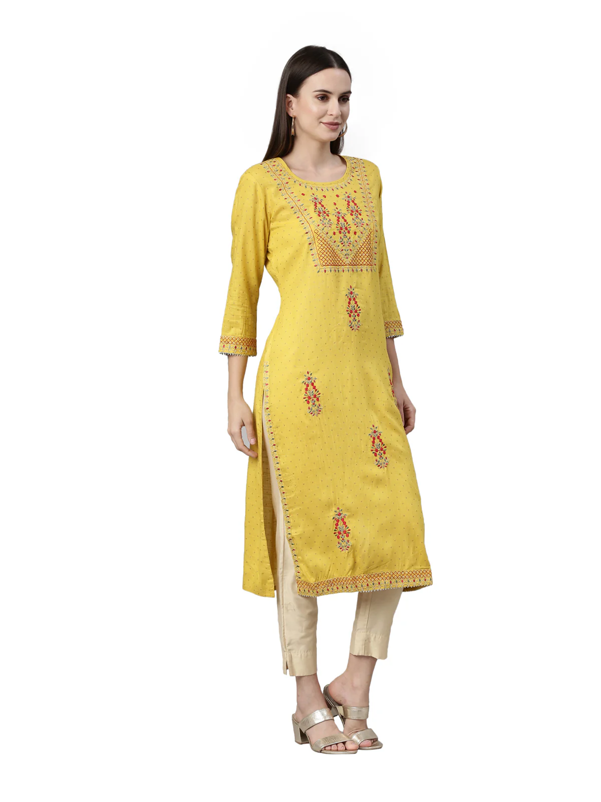 Neerus Yellow Color Slub Rayon Fabric Kurta - Image 4