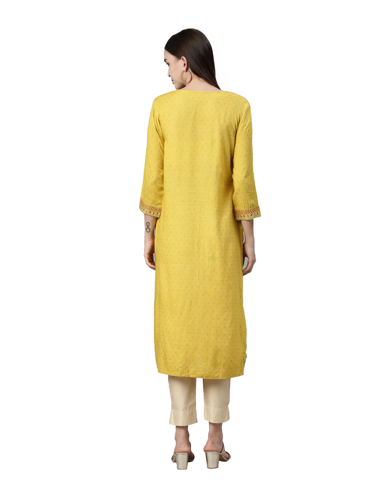 Neerus Yellow Color Slub Rayon Fabric Kurta - Image 5