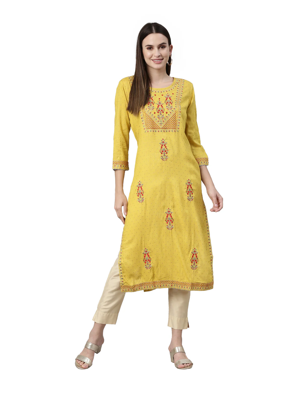 Neerus Yellow Color Slub Rayon Fabric Kurta - Image 6