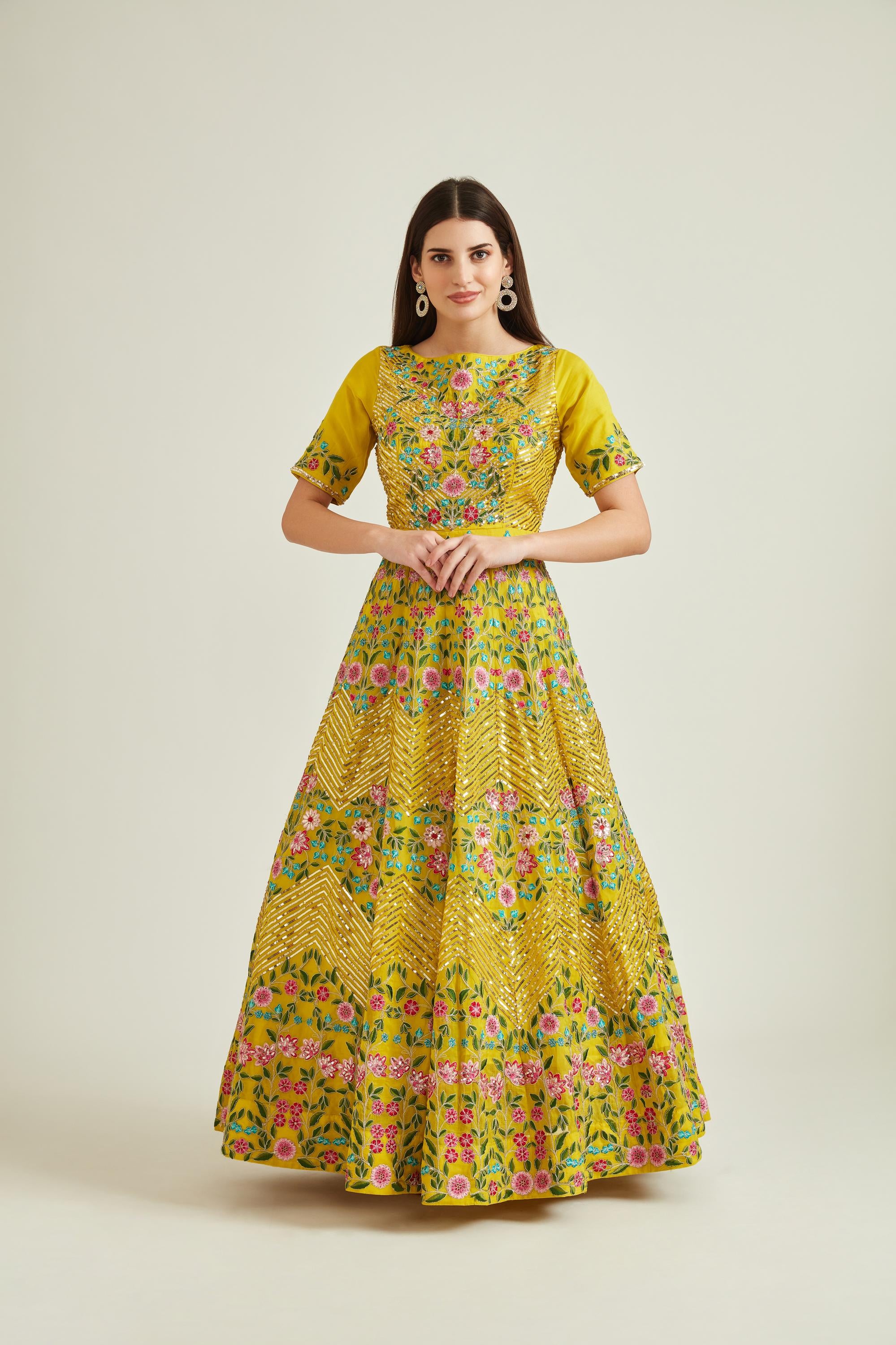 Neerus Yellow Colour Organza Fabric Prdd