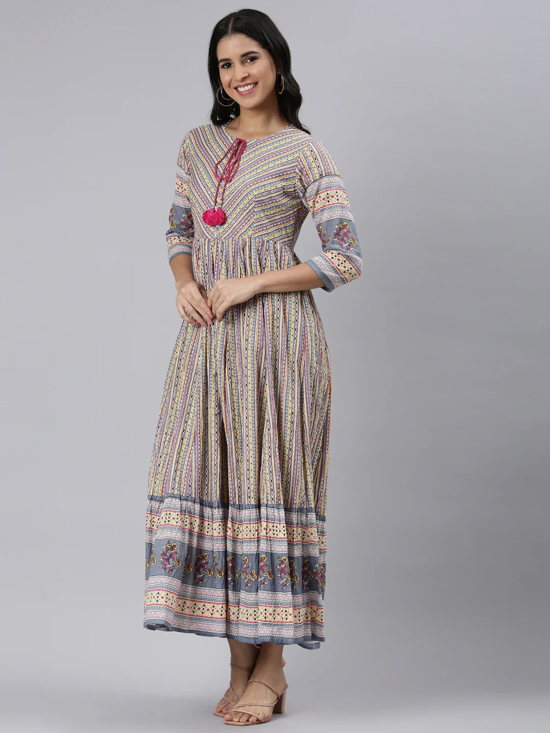 Neerus Yellow Curved Casual Ethnic Motifs Maxi Dresses - Image 2
