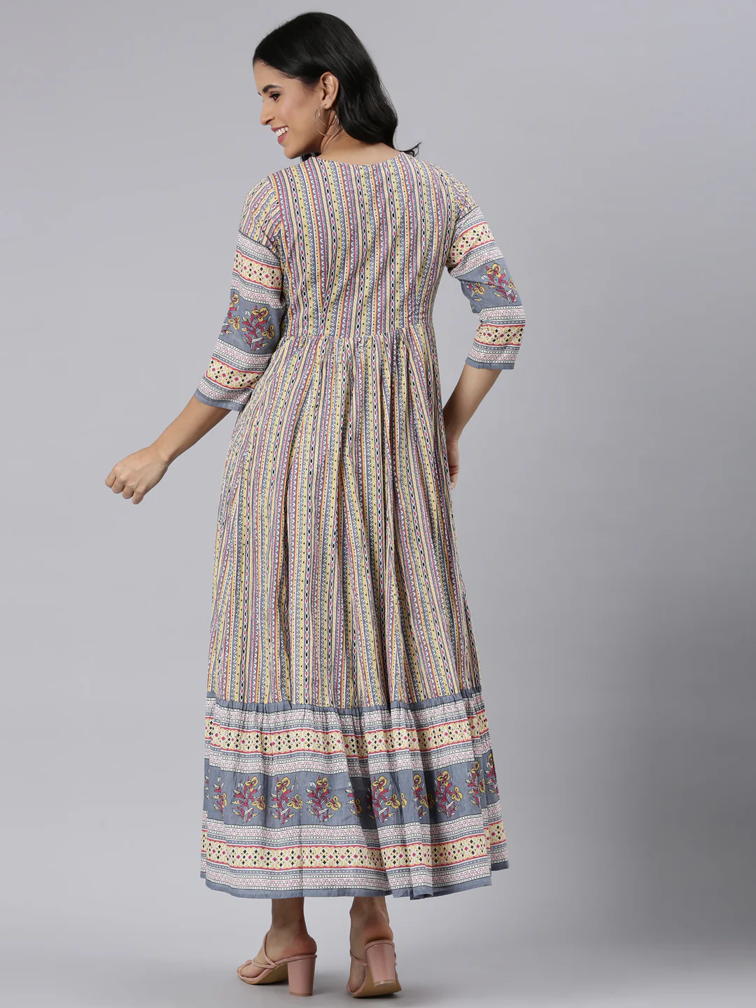 Neerus Yellow Curved Casual Ethnic Motifs Maxi Dresses - Image 3