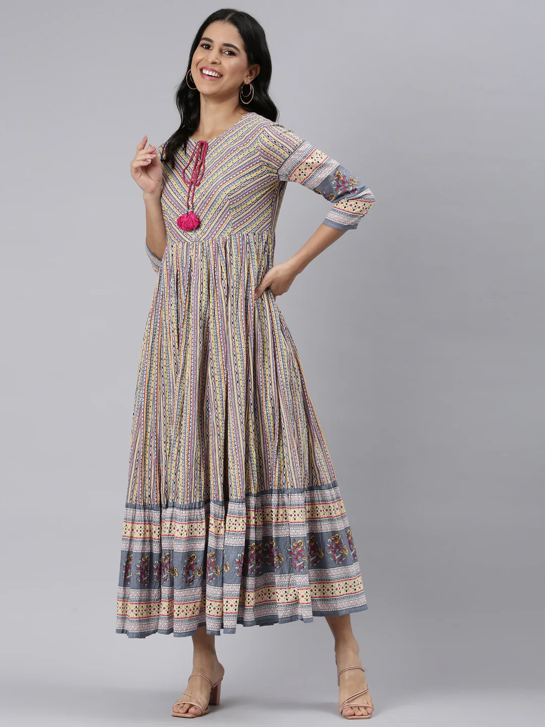 Neerus Yellow Curved Casual Ethnic Motifs Maxi Dresses - Image 5