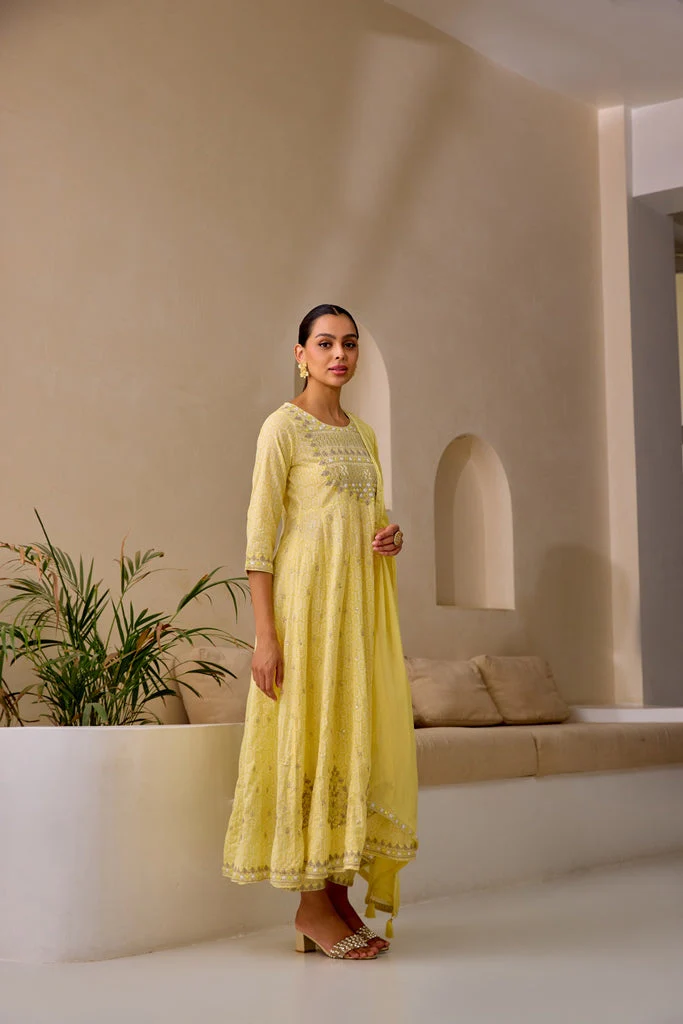 Neerus Yellow Curved Sequence Work Kurta And Trousers With Dupatta - Image 2