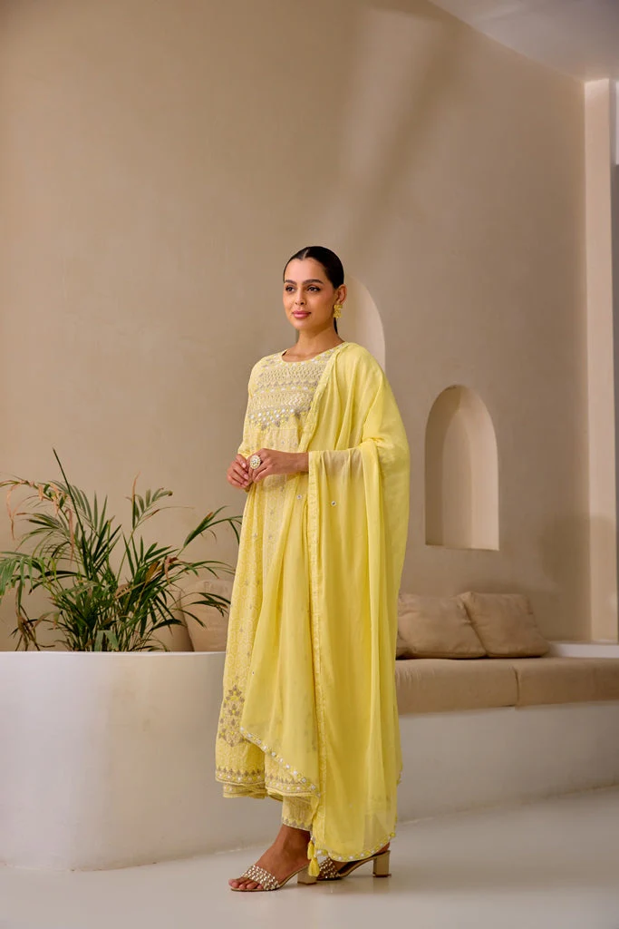 Neerus Yellow Curved Sequence Work Kurta And Trousers With Dupatta - Image 3